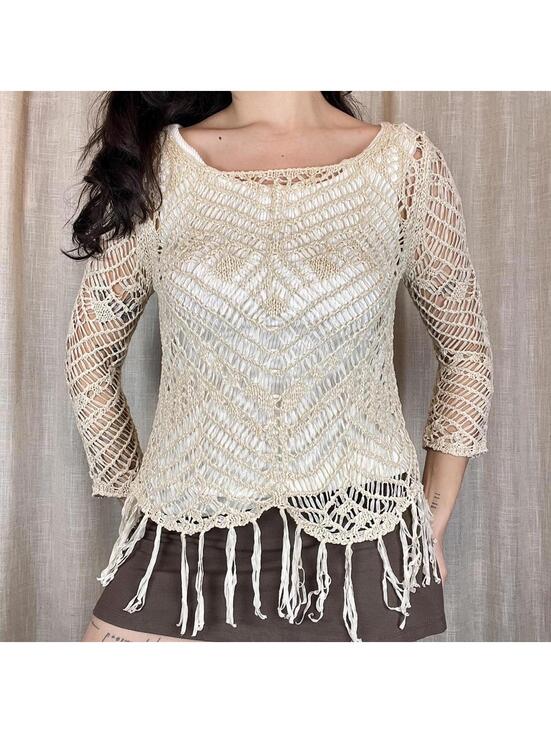 Xhilaration Tops - Cream Crochet Fringe Top